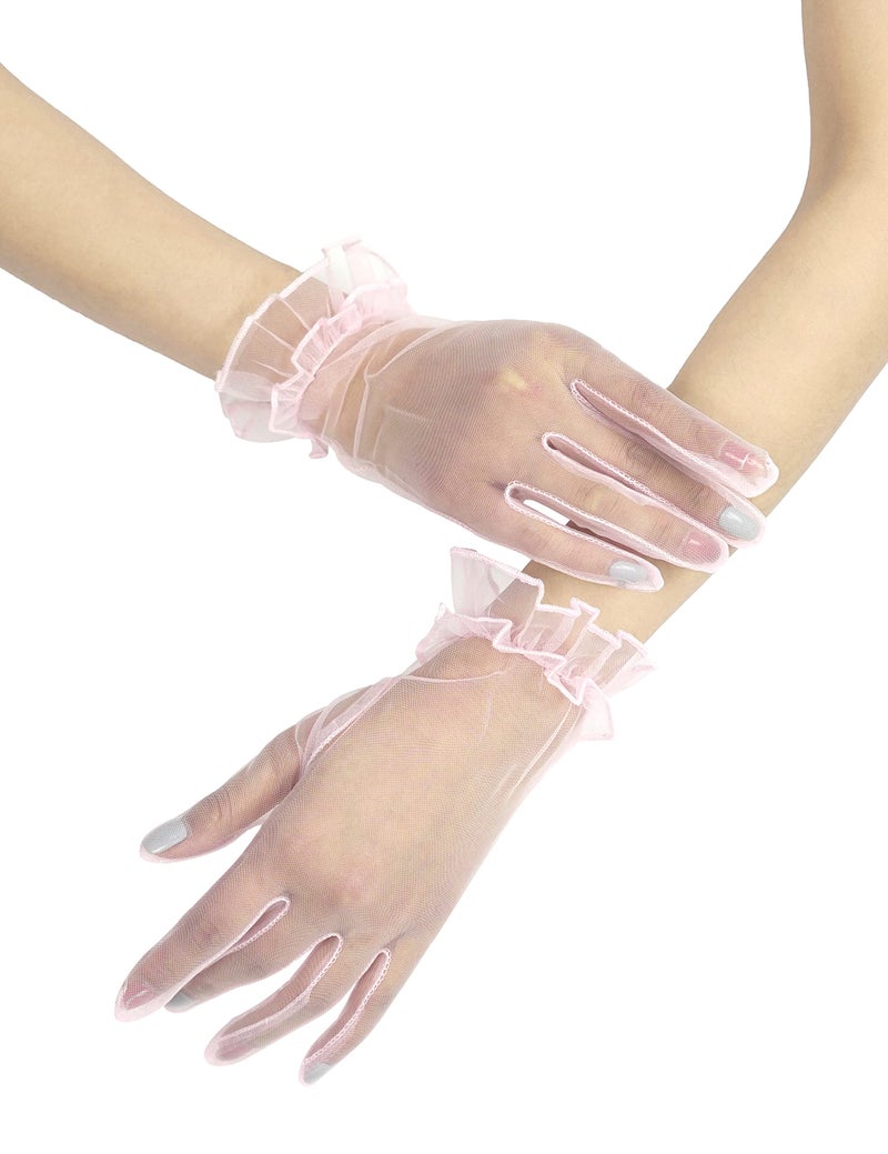 QRBTSCL Women's Short Mesh Gloves Ruffled Tulle Wedding Party Gloves Short Prom Evening Glove Pink - Image 2